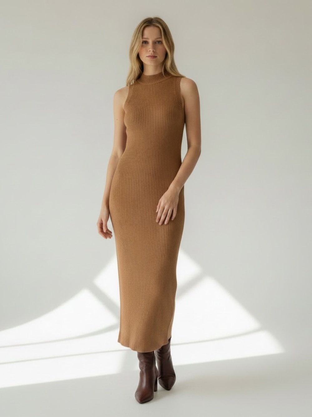 Saks Fifth Avenue Sleeveless Rib Cashmere Midi Dress in Camel